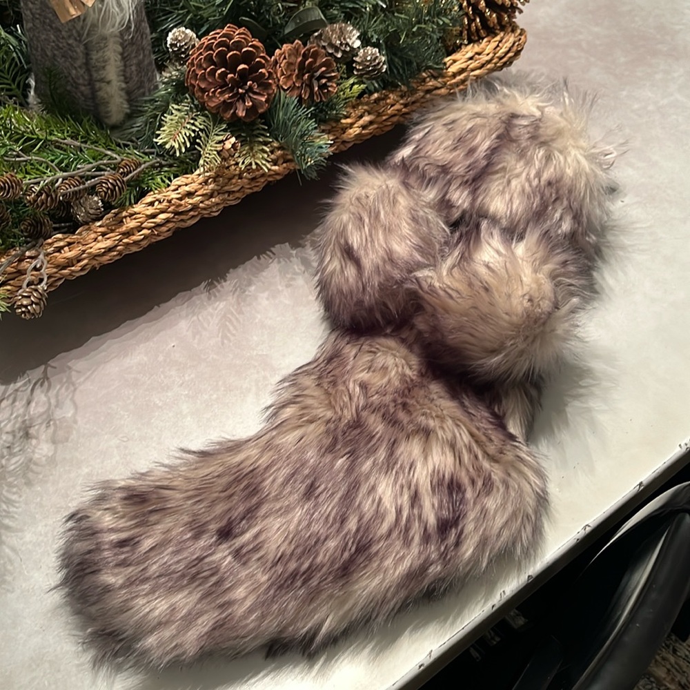 Nordstrom Christmas faux fur stocking with Pom poms. Dark gray and white color.